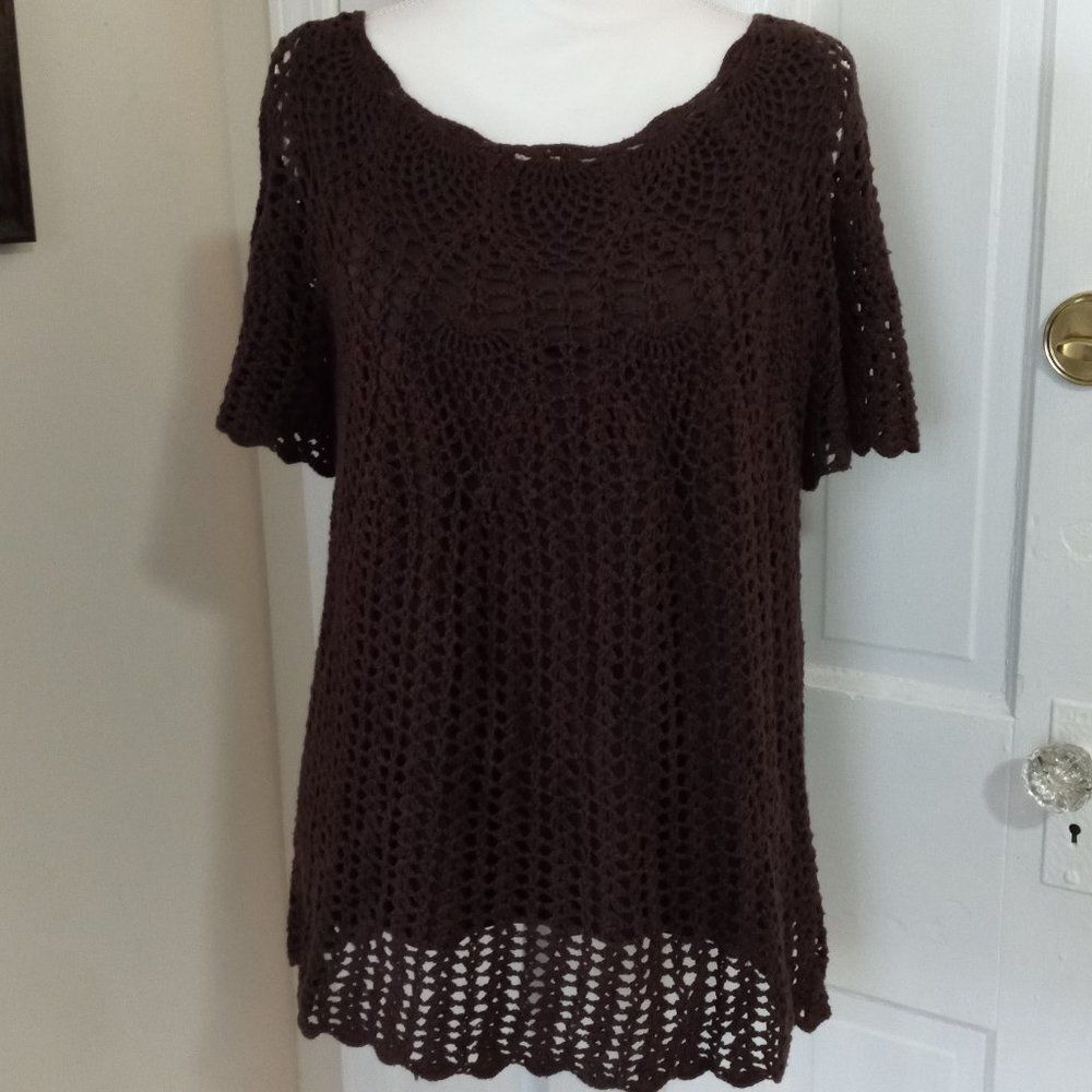 ROAMAN'S Women's Crochet Top with Attached Tank Top (Size M/14-16) BROWN